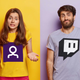 A man and a woman wearing Twitch shirts hold up their arms in confusion while standing in front of purple and yellow walls.